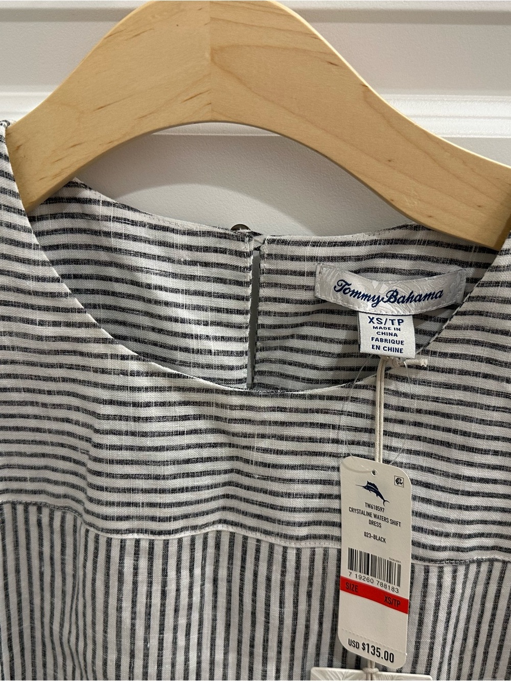 Tommy Bahama Linen Gray & White Striped Sleeveless Shift Dress. - Picture 3 of 5
